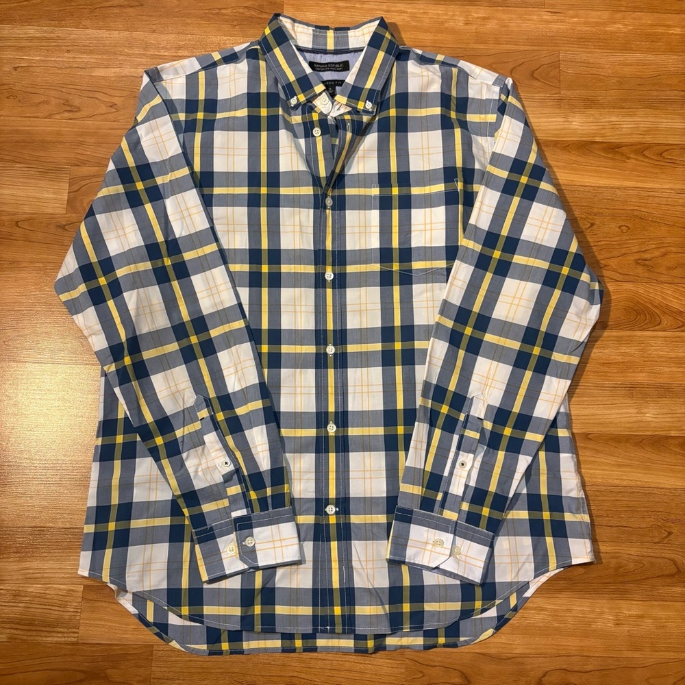 Banana Republic Men's Blue and Yellow Plaid Button Down Shirt Camden Fit XL FLAW